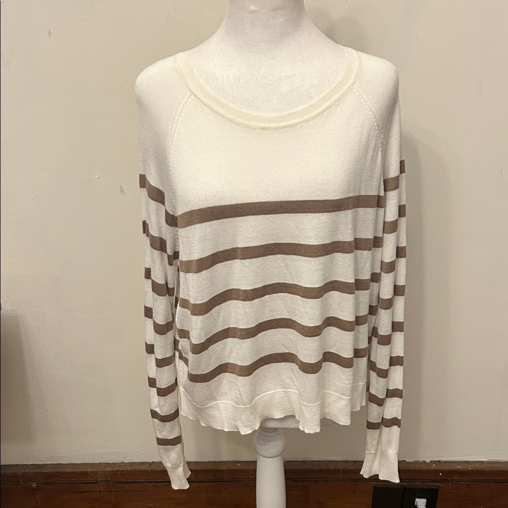 Hudson Gray Striped Crew Neck Sweater - White and Brown Size L